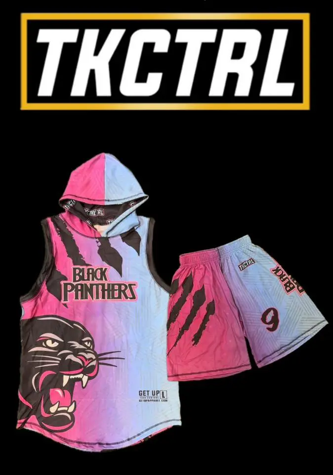 TKCTRL branded athletic set with pink and blue hooded tank top featuring "BLACK PANTHERS" text and panther graphic, paired with matching shorts displaying number 9 on black background.