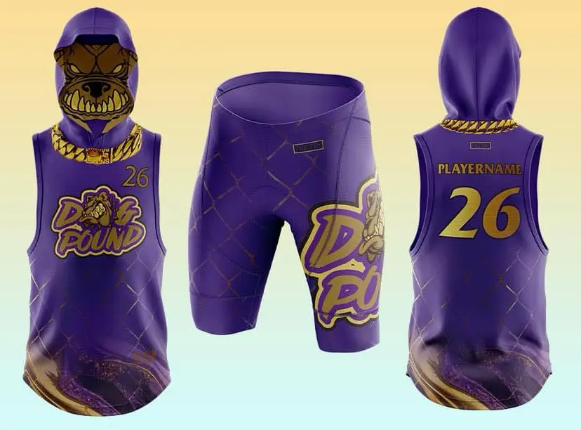 Purple athletic uniform with gold accents featuring bulldog mascot with gold chain, "DOG POUND" team name, number 26, and diamond pattern design on gradient background.