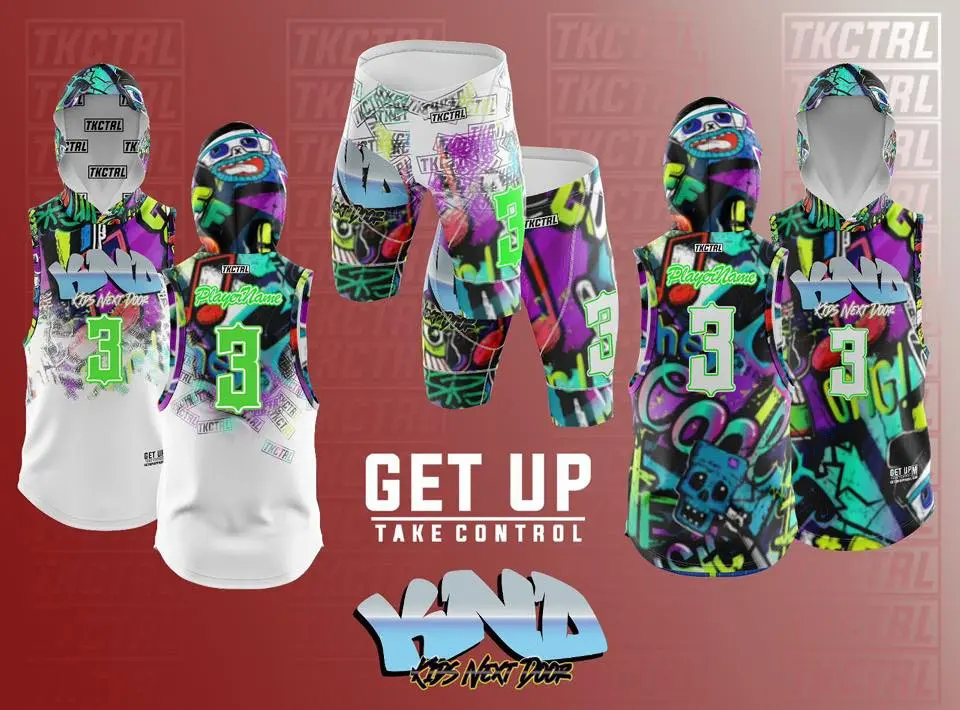 Four colorful motocross jerseys with number 3, featuring vibrant graffiti-style designs in purple, green, and blue. Text reads "GET UP TAKE CONTROL" with "KID" and "It's Next Due" branding on red background.