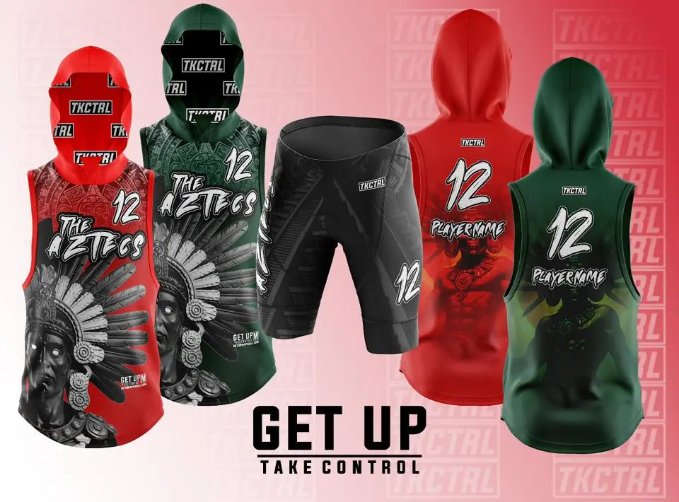 TKCTRL athletic wear set in red and green featuring hooded jerseys and shorts with Native American chief graphics, number 12, "THE AZTECS" text, and "GET UP TAKE CONTROL" branding.