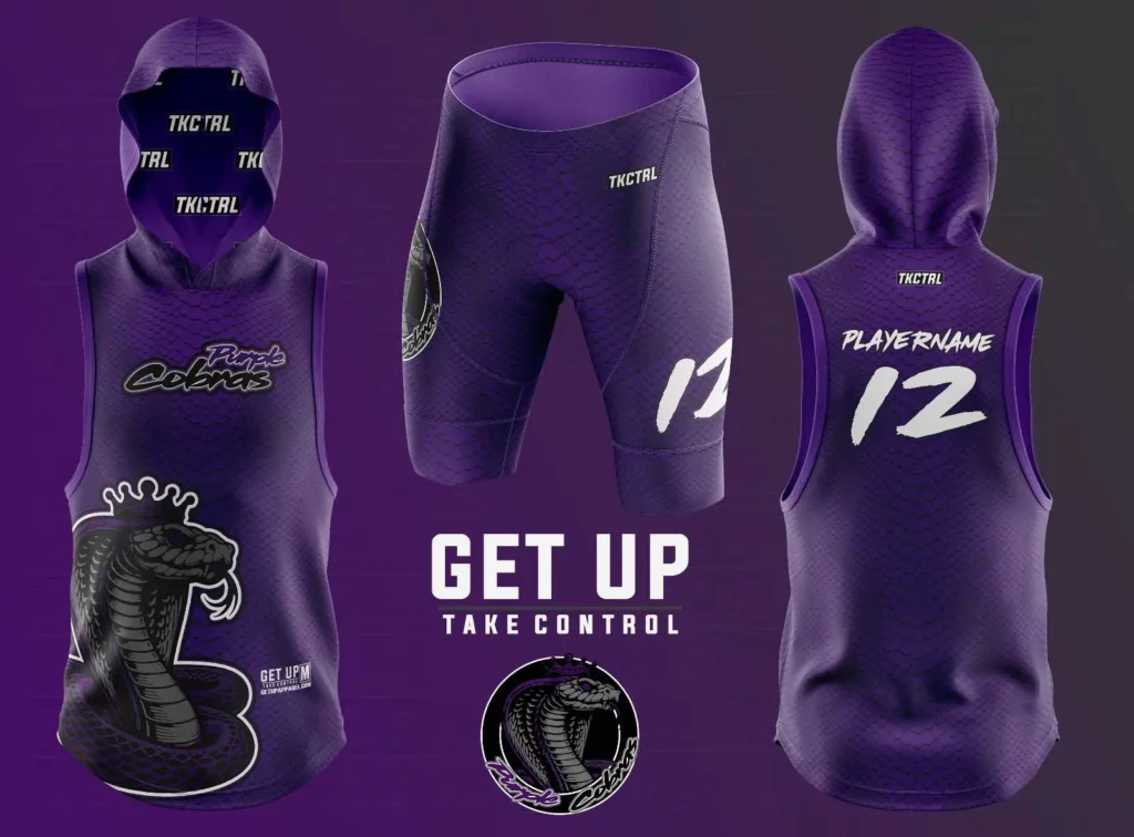 TKCTRL purple athletic set with snake scale texture, featuring "Purple Cobras" team name, cobra graphics, number 12, and "GET UP TAKE CONTROL" branding on purple background.