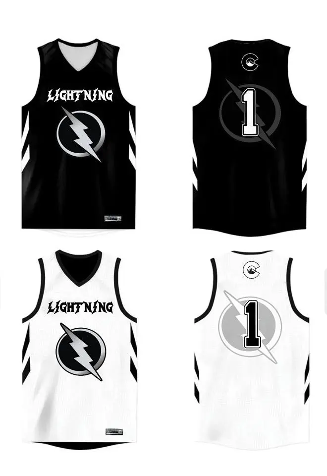 our basketball jerseys showing front and back views: black and white versions with "LIGHTNING" text, lightning bolt logo in circle, and number 1 on back with white side stripes.