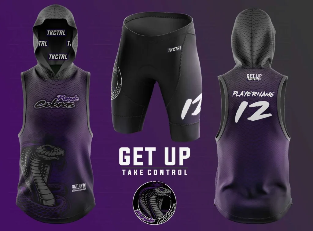 TKCTRL purple and black athletic set with snake scale pattern, featuring "Purple Cobras" team name, cobra graphics, number 12, and "GET UP TAKE CONTROL" branding on purple background.